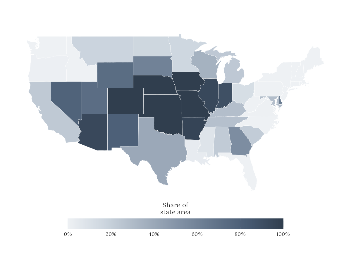 Map of the contiguous United States shaded by the share of each state in severe drought.