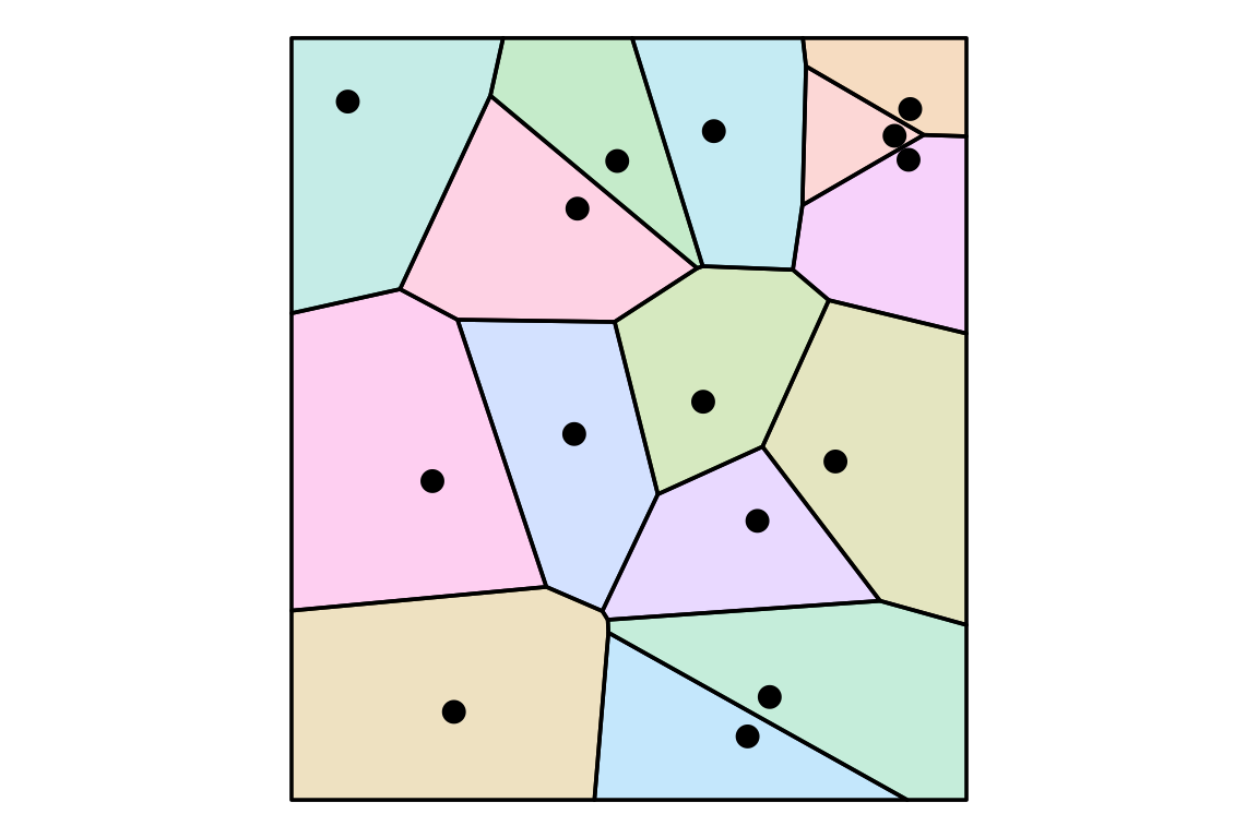 Voronoi diagram of 15 randomly placed sites, each site shown as a black dot inside its own shaded polygonal cell of points closest to it.